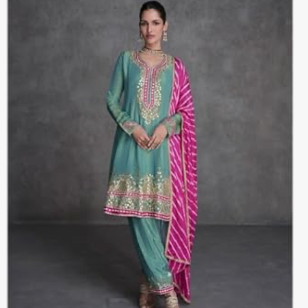 House of Indya Pista green Elegant Pink Embroidered Suit salwar kameez XL 44 - Picture 4 of 7